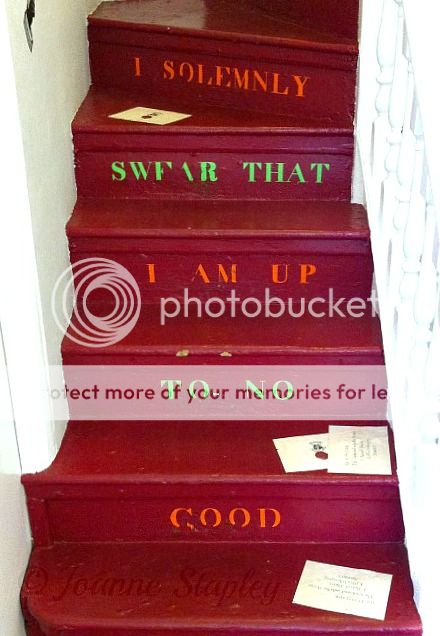 The stairs leading up to the Harry Potter films graphic art exhibition - The House of MinaLima