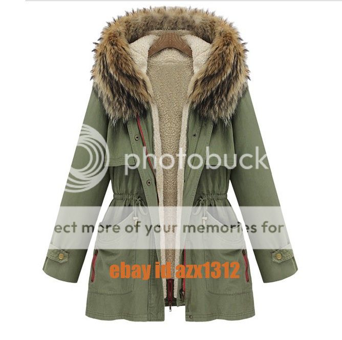 Women Army Green Fur Collar Hooded 2 Pocket Winter Long Trench Parka